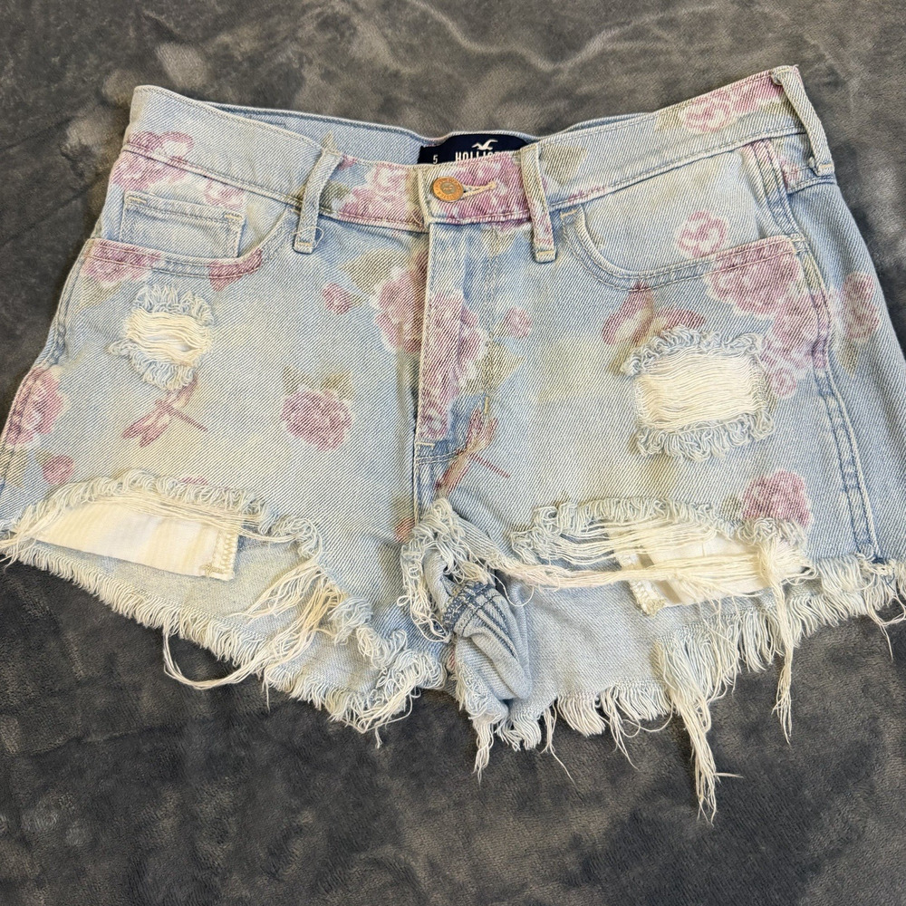 Hollister High-Rise Floral Distressed Denim Shorts Sz 5 W27 Boho Festival Y2K